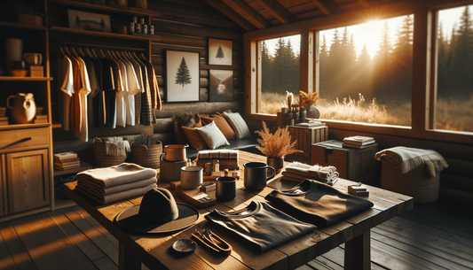 rustic cabin table displaying folded shirts, mug, blanket, and hat in warm light